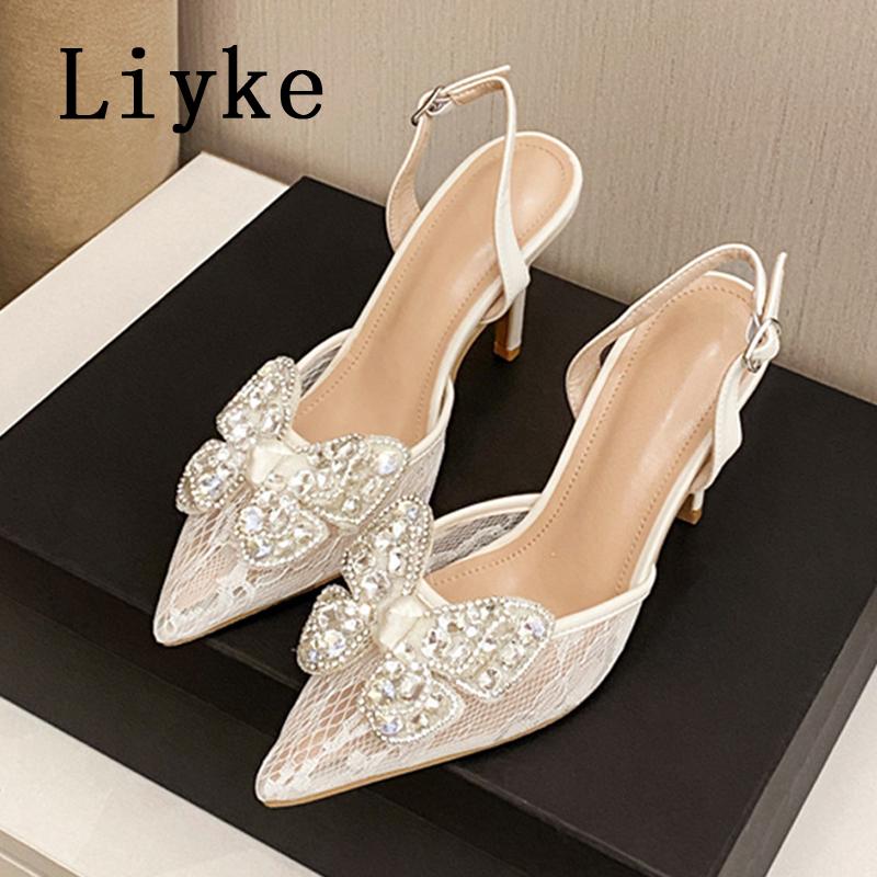 Fashion Liyke Fashion Design Crystal Bowknot Women Pumps Sexy Mesh Pointed Toe High Heels Party Shoes Female Slingback Sandals White