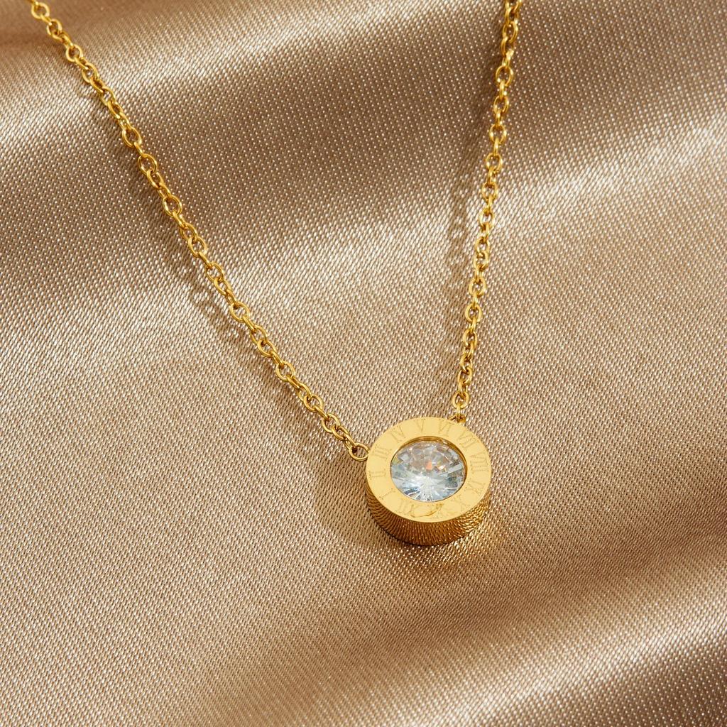 Gold Chain Necklace with Single Bezel-set Crystal Pendant for Women