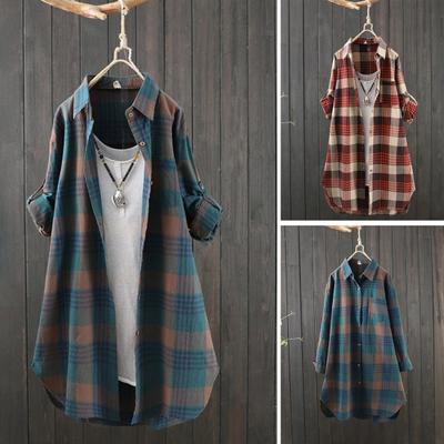 Chemisier à manches longues et revers à carreaux pour femme, grande taille