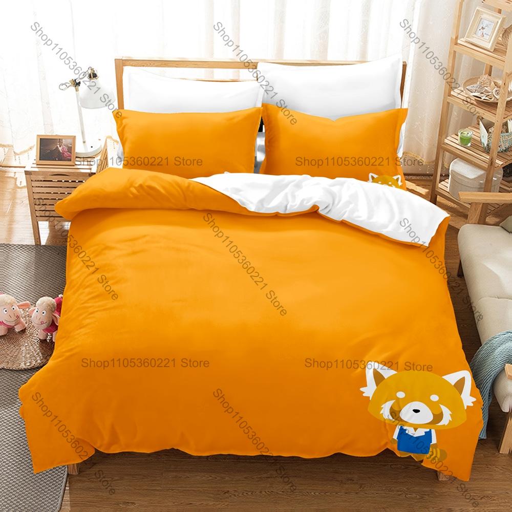 Personality Aggretsuko Anime Bedding Set New Soft Duvet Cover Pillowcases Cute Red Panda Print Bed Set for Kids Adults Bedroom D