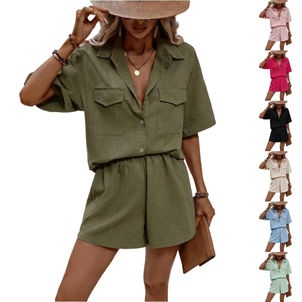 Fashion Women'scolor Single Breasted Short Sleeved Shirt Loose Casual Shorts Set