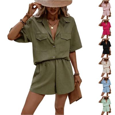 Ensemble Deux Pièces Chemise à Manches Courtes et Short pour Femme Coupe Ample Chemisier Boutonné avec Short à Taille Élastique Ensemble pour l'Été