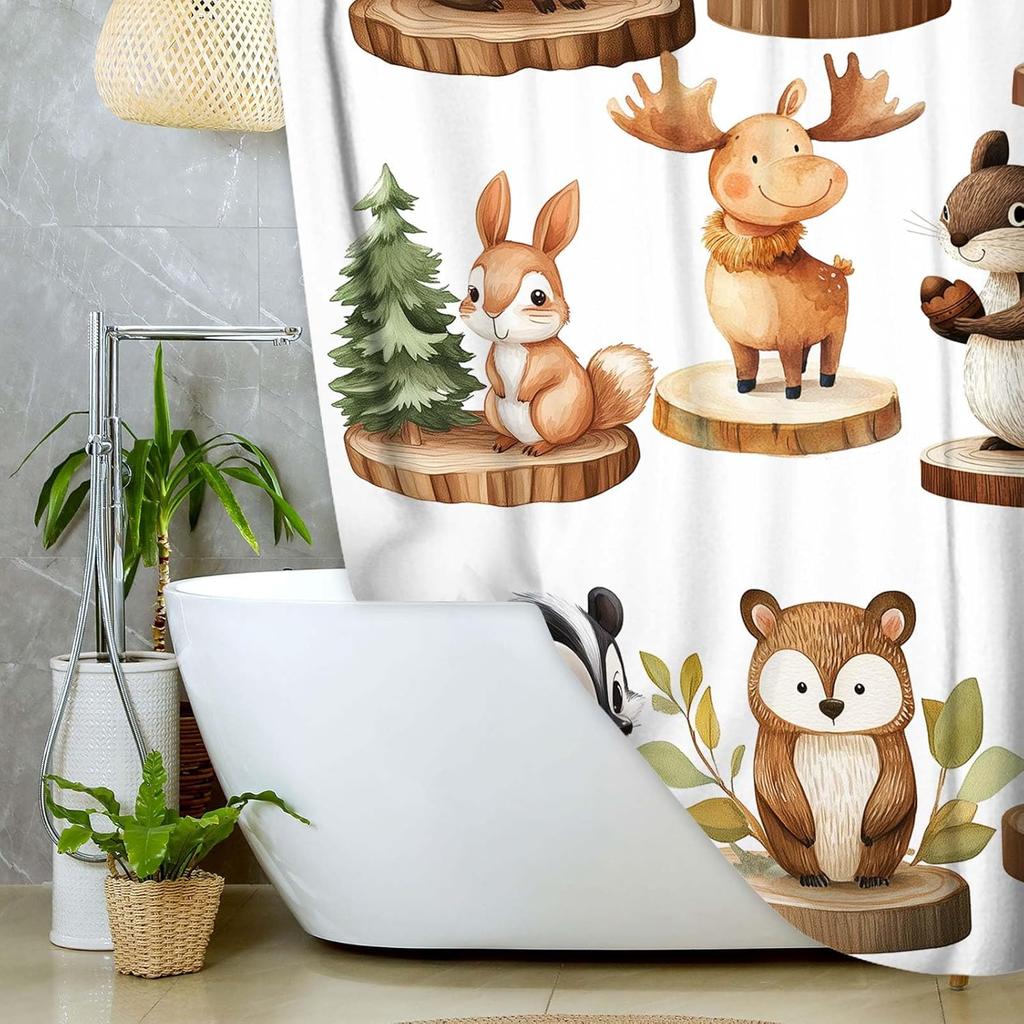 Tiere Duschvorhang für Kinder, Bemalter tropischer Tiere Badewannenvorhang, Cartoon Niedliches Eichhörnchen Waschbär Igel Badezimmer