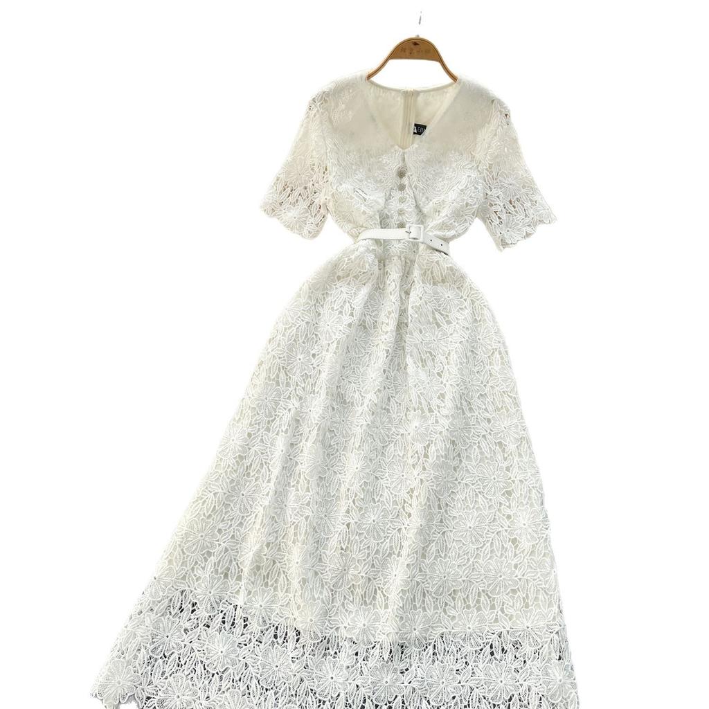 High-end hollow crochet lace dress women's summer waist thin doll collar short sleeve elegant long dress