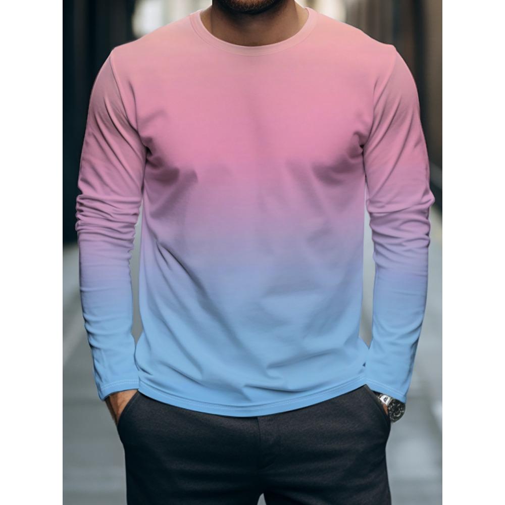 Autumn Casual Men's Long Sleeve T-Shirt Men's Fashion Tops Gradient Pattern Tees Crew Neck T-Shirt Outdoor Daily Clothes for Men