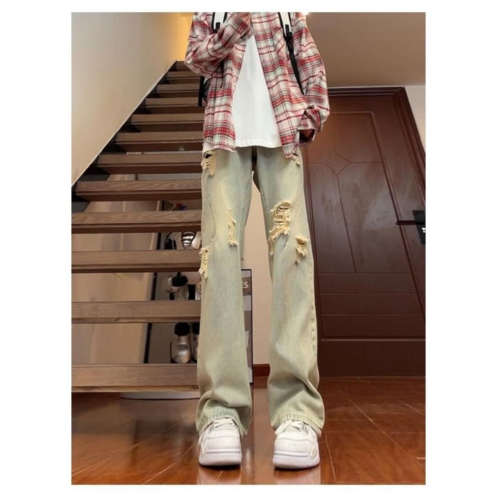American street washed old ripped jeans men's spring and autumn straight loose European and American high street vibe wind long pants