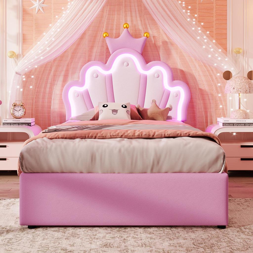 Children's Bed Girls Crown Single Bed with Adjustable Headboard, LED Strip, Slat Base and 2 Drawers, Made of PU Leather  (without Mattress), Pink