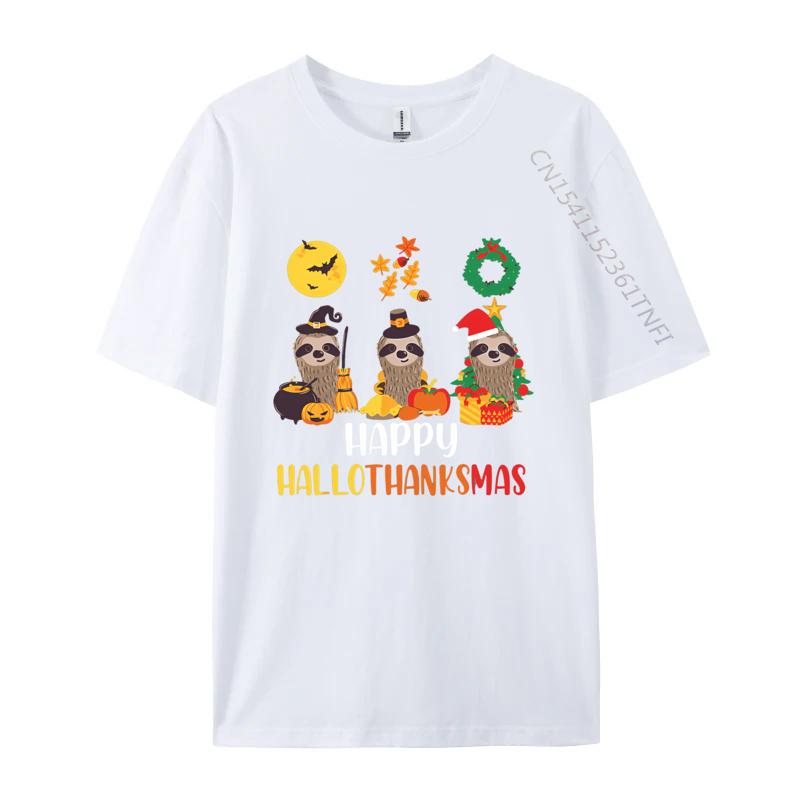 

Sloth Halloween Christmas Happy Hallothanksmas TShirt Mens Camisas Men Pure Cotton Tee Crew Neck Leisure Tshirt Camisas S