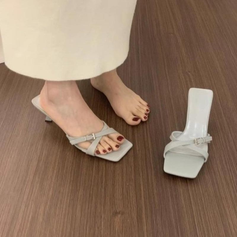 Summer New Belt Buckle Square Toe Sandals Fine Heel Non-tiring Feet French Open-toe Over-wear Sandals and Slippers