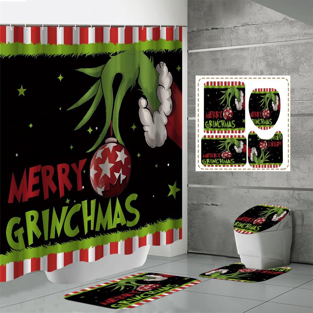 Christmas Waterproof Polyester Shower Curtain Mat Set Of Four