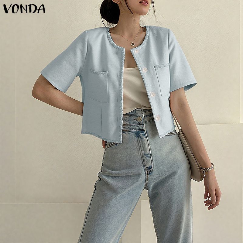 VONDA Elegant Women Short Sleeve Texture Hem Patchwork Buttons Casual Cropped Blouse Tops