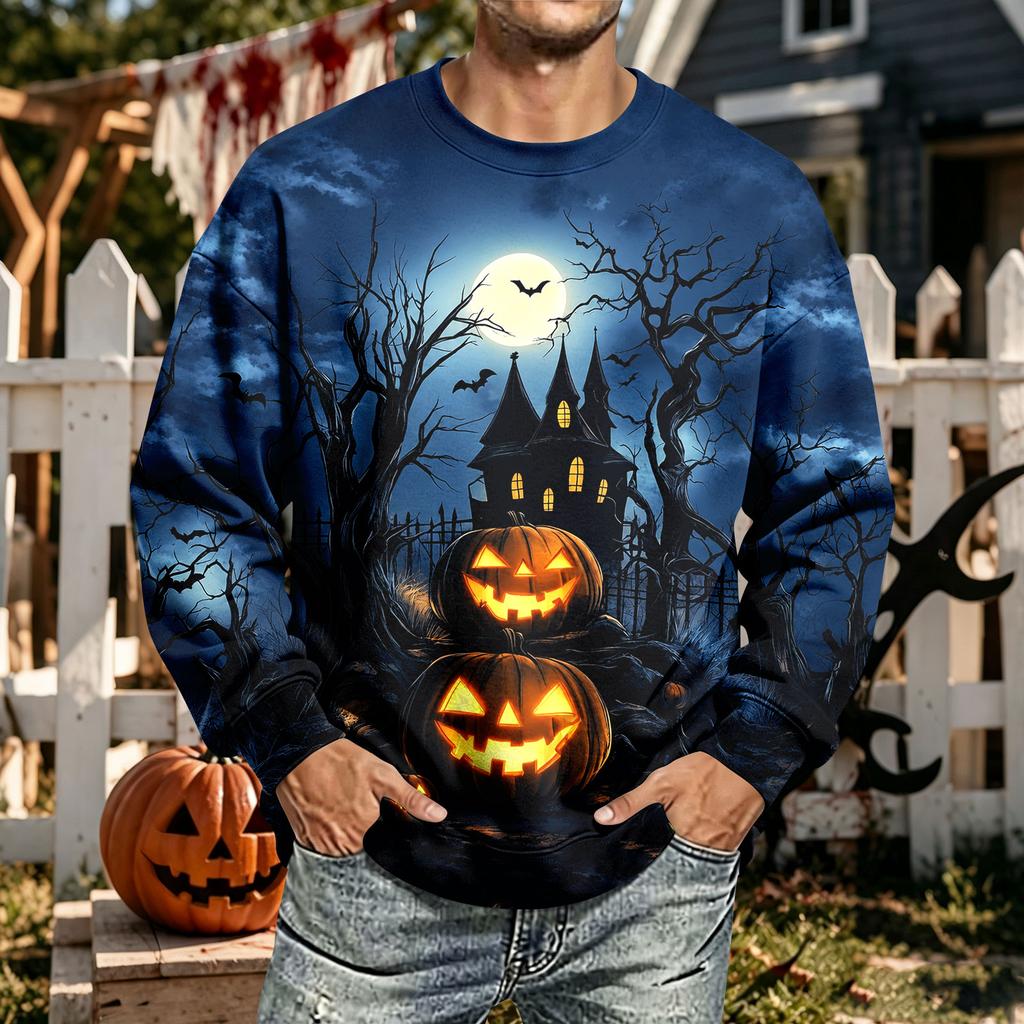 Men's Halloween Print Neck Long Sleeve Sweatshirt Casual Pullover Top