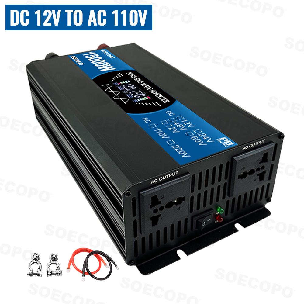 Pure Sine Wave Inverter 15000W 2 Sockets Solar Inverter DC 12/24/48/60/72V To AC 110V/220V Home Outdoor Camping Current Inverter