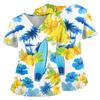 Women Nurse Scrub Top Hawaiian Print V Neck Short Sleeve Medical Uniform Shirt with Pockets and Side Slits for Healthcare Professionals