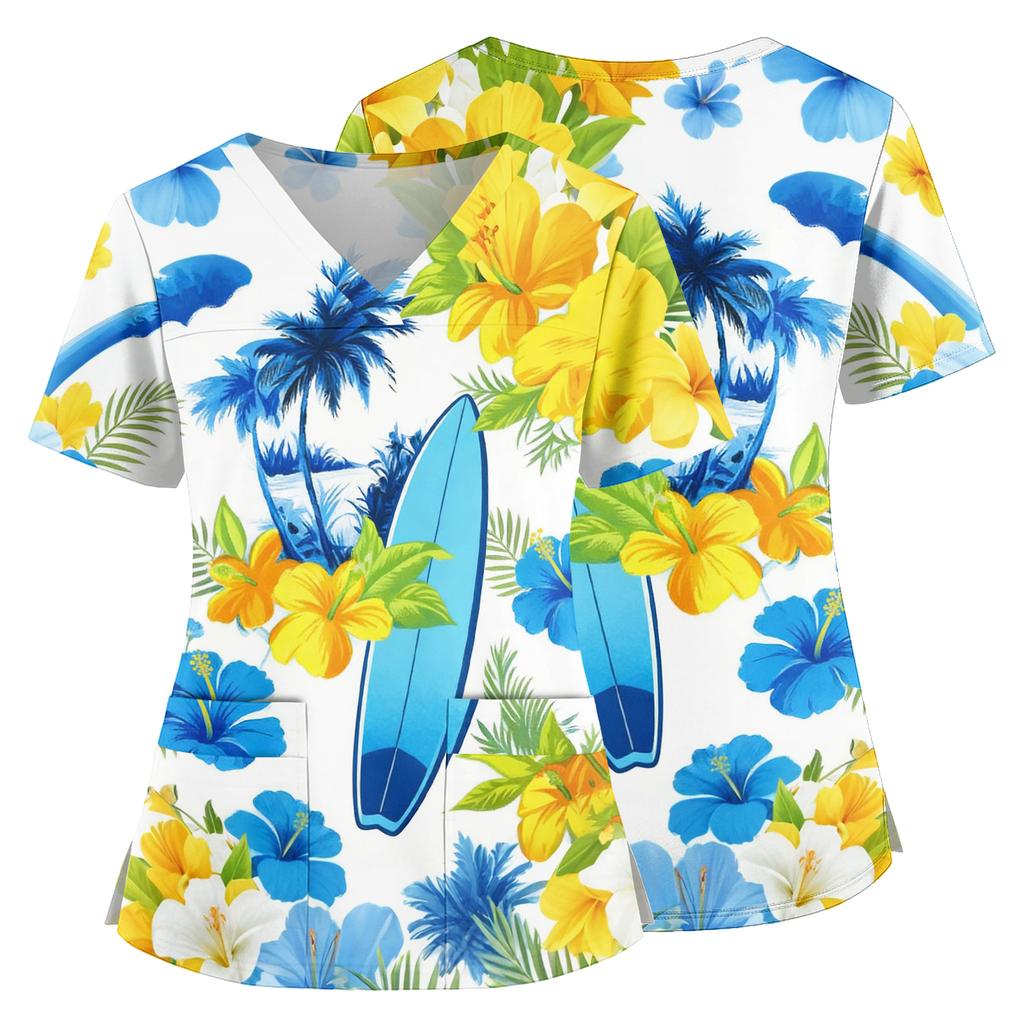 Women Nurse Scrub Top Hawaiian Print V Neck Short Sleeve Medical Uniform Shirt with Pockets and Side Slits for Healthcare Professionals