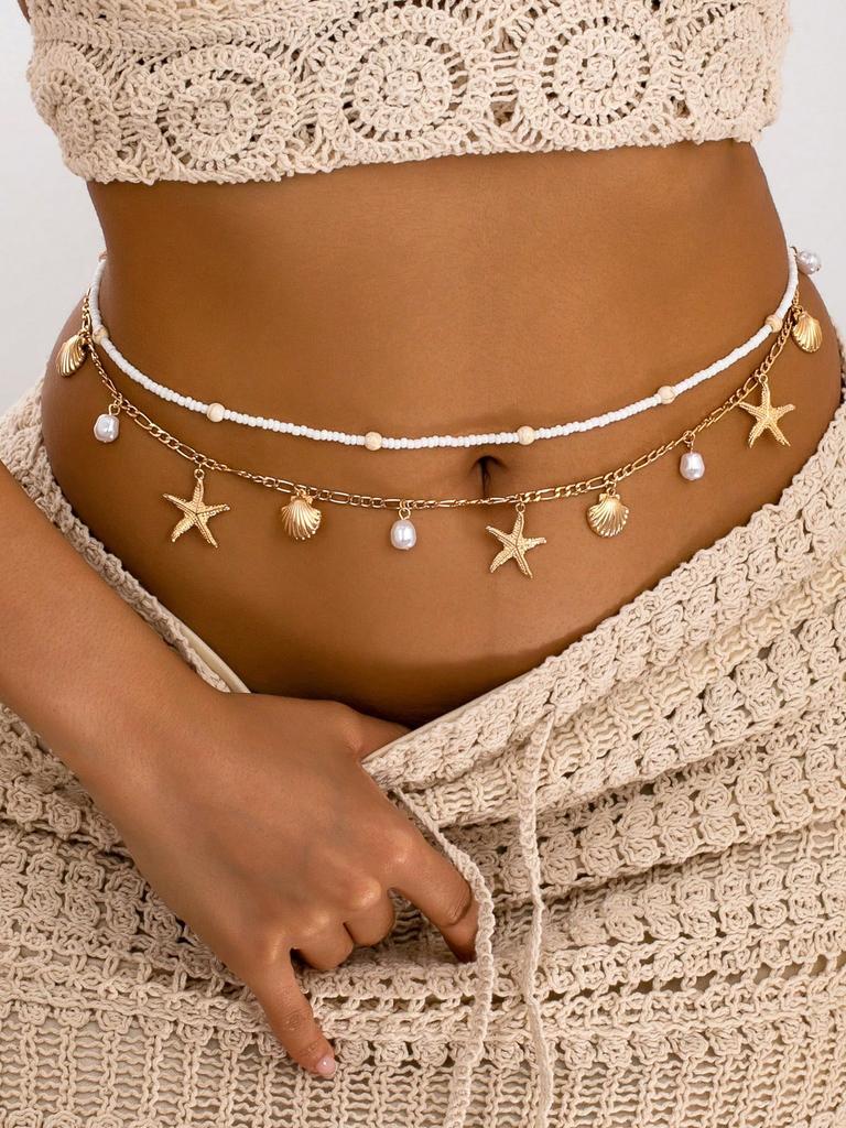2 Pcs Boho Style Seashell, Starfish & Pearl Decor Waist Chain For Women