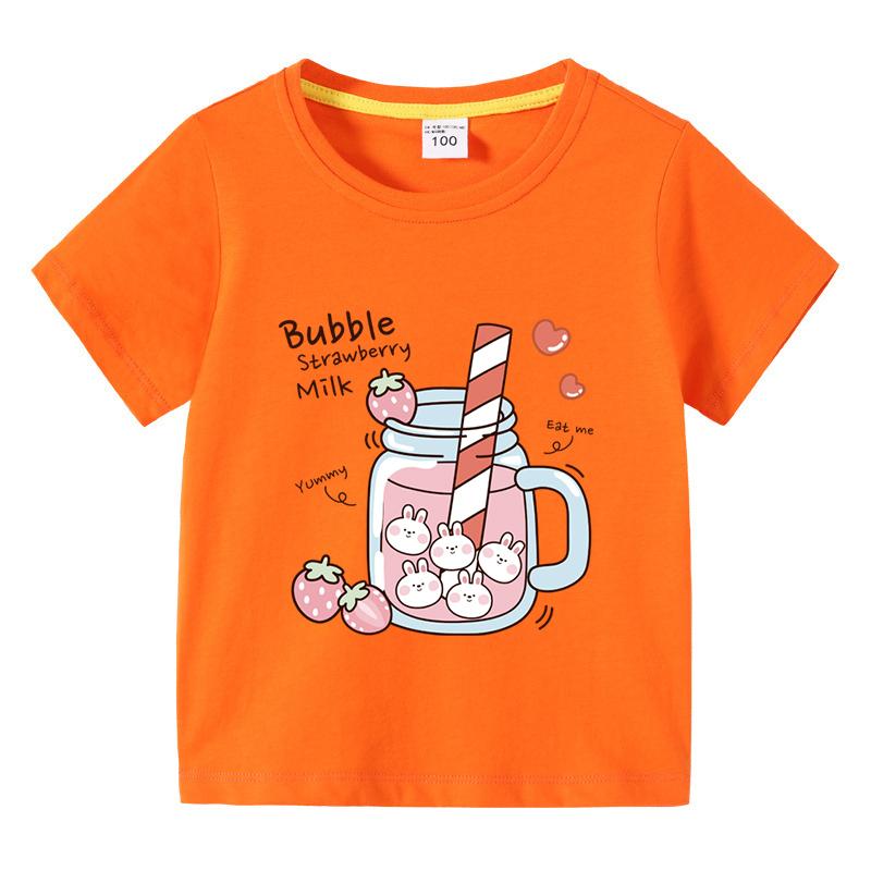 Girls TShirt Bubble Strawberry Milk Print Short Sleeve Tee Cute Cartoon Summer Casual Tops for Kids Children