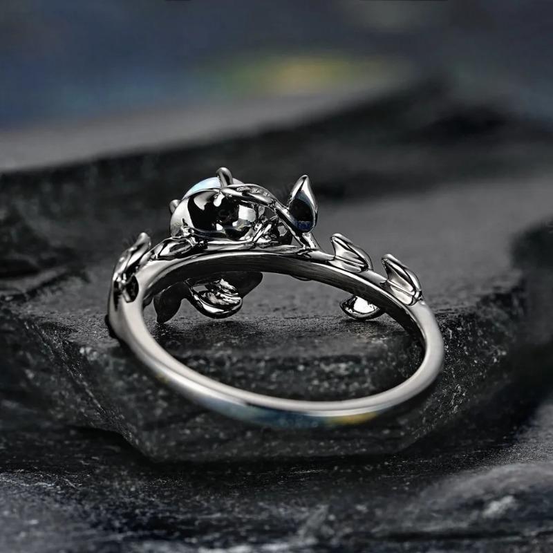 Inlaid Moonstone Rose Flower Rings Women Fashion Ring Romantic Attractive Rings for Women Vintage Metal Inlaid Ring Jewelry
