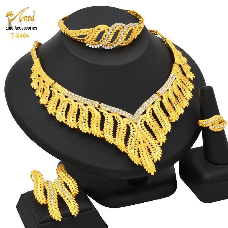 24K Gold-Plated Bridal Jewelry Set: Necklace & Earrings, Middle Eastern Wedding Style, Dubai Four-Piece Set