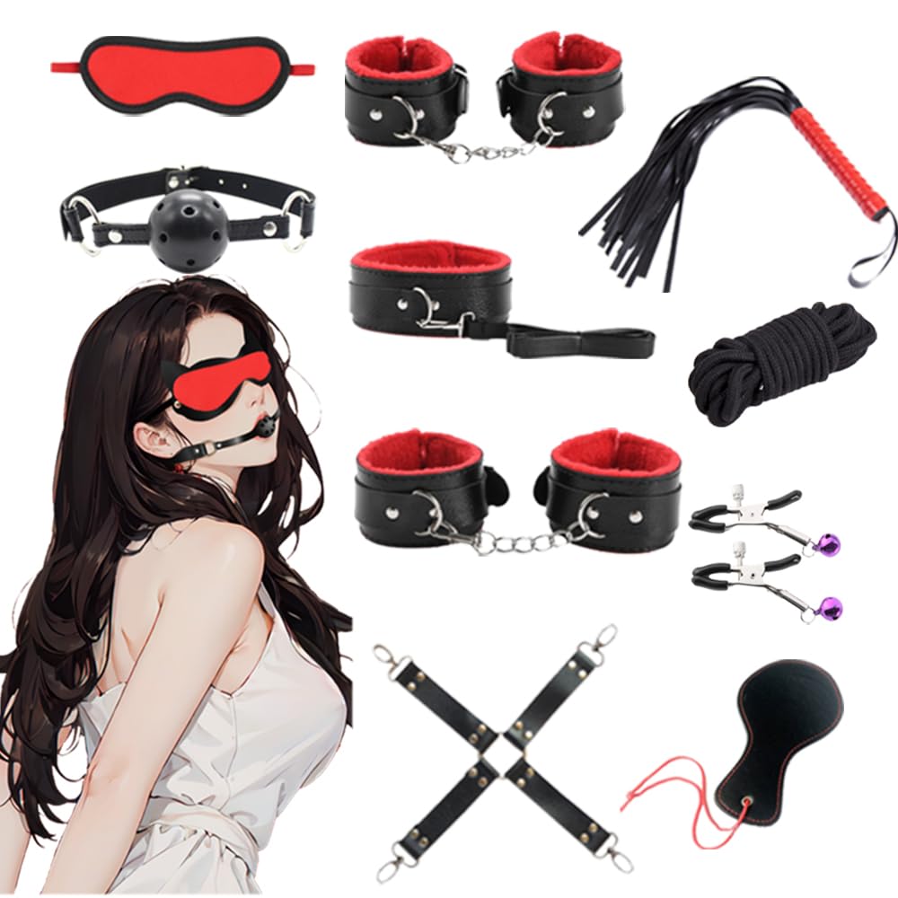 SM restraints for adult goods standard eye leg nipple SM adult toys for nipple married beginners bag women, [red, black, 10-piece set] mask, gag,