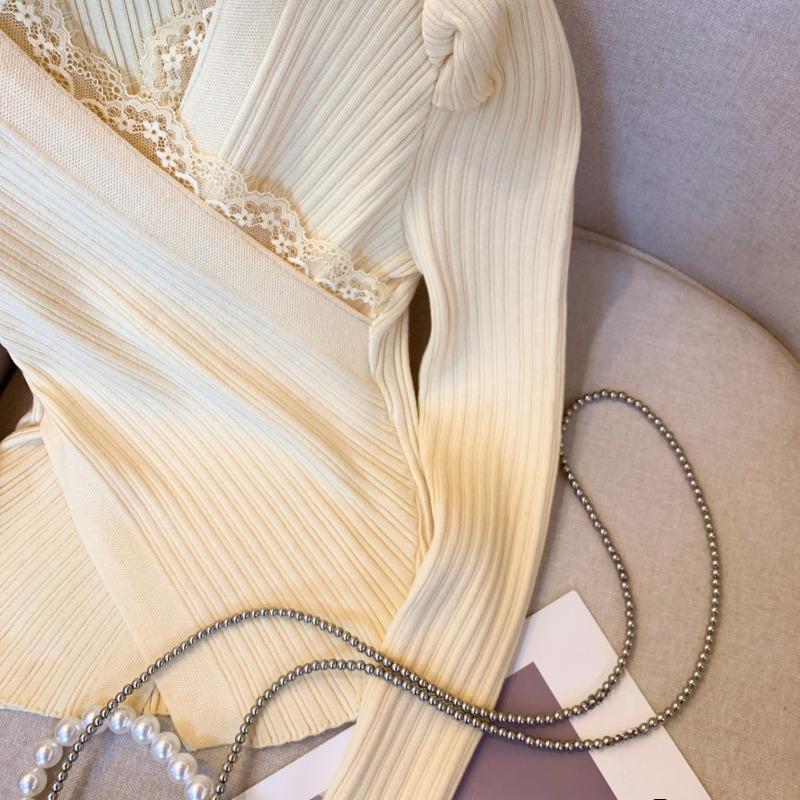 Autumn and Winter Sexy Lace V-neck Knitted Sweater for Women Fashion Slim Fit Base Pullovers Sweaters Women Elegant Solid Casual Knitwear Jumper 25567