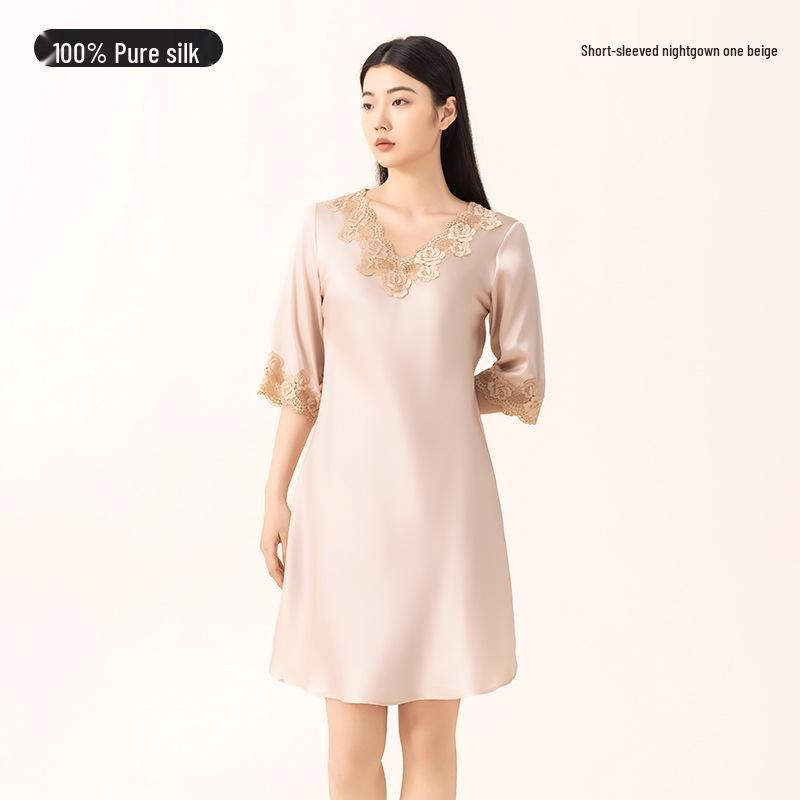 100% Tussah Silk Women s Short Sleeve Lace Nightgown - Summer Thin Mulberry Silk Pajamas L