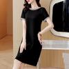 Elegant Plus Size Silk Midi Dress – Short Sleeve Round Neck for Stylish Mothers