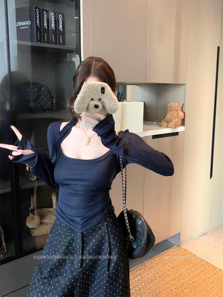 Korean Patchwork Square Neck Halterneck Long Sleeve T-shirt: Women's Slim Fit Early Spring Base Layer Pullover Top.