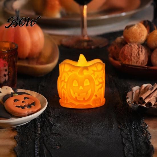 Hollow Relief Pumpkin Light Halloween LED Candle, Flameless Electronic Tealight, Embossed Resin Lantern, Portable Night Spooky Table Decor for Indoor