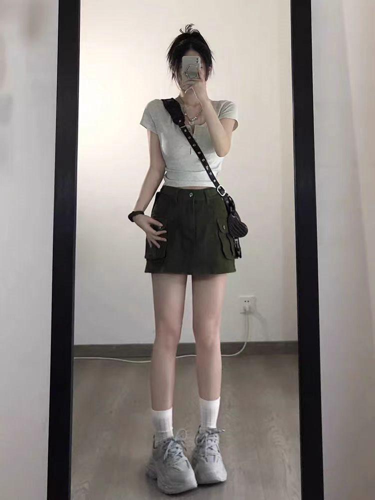 Plus Size Sweet French U-Neck Short Sleeve T-Shirt - American Style Slimming Button Top