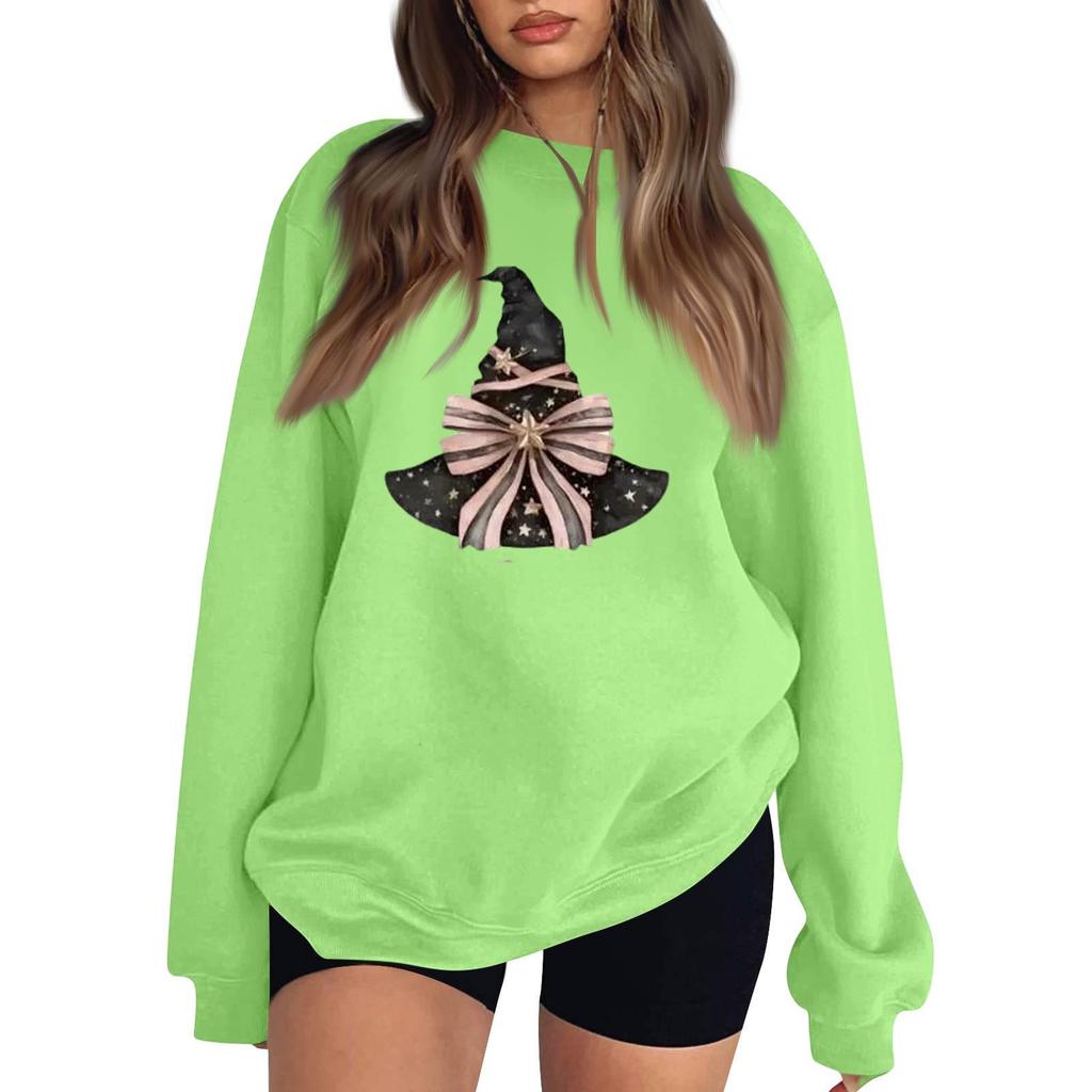 Women's Neck Long Sleeve Sweatshirt Casual Loose Fit Color Pullover with Halloween Print