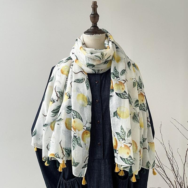 Lemon Pattern Women Viscose Scarf 88*180cm Cotton Linen Feeling Soft Shawl Tassel Hijab Wrap Pashmina Soft Summer Beach
