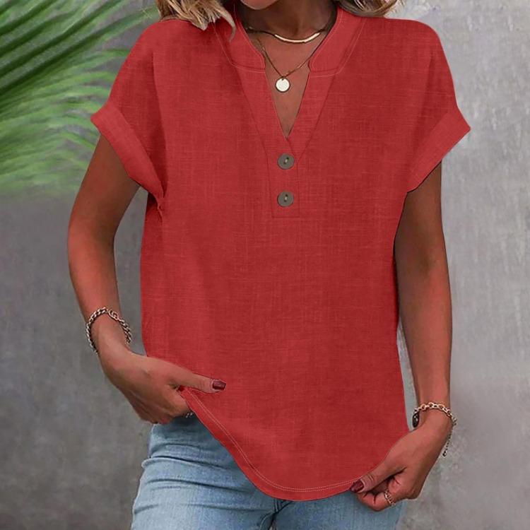 Women Casual V Neck Short Sleeve Button Down Shirt Solid Color T Shirt Top Fashion