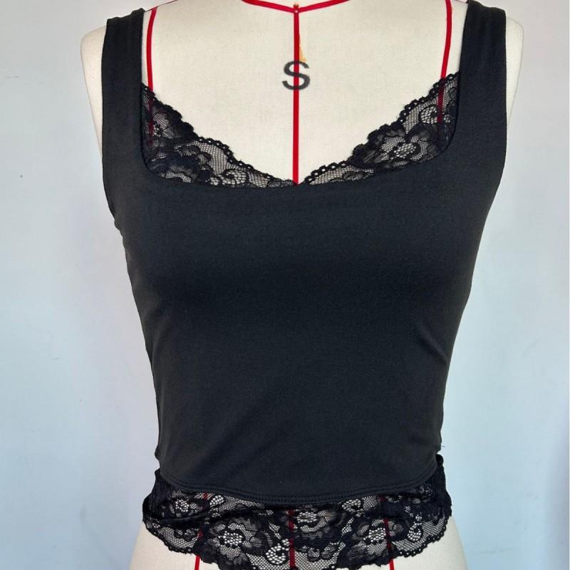 Womens Short Crop Top With Lace Trim Solid Color Wide Strap Stretchy Fit Streetwear Style 2026