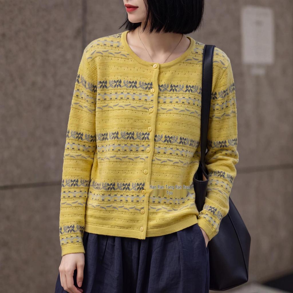 Niche Design Fine Wool Jacquard Cardigan - Elegant Autumn/Winter Style with Exquisite Craftsmanship