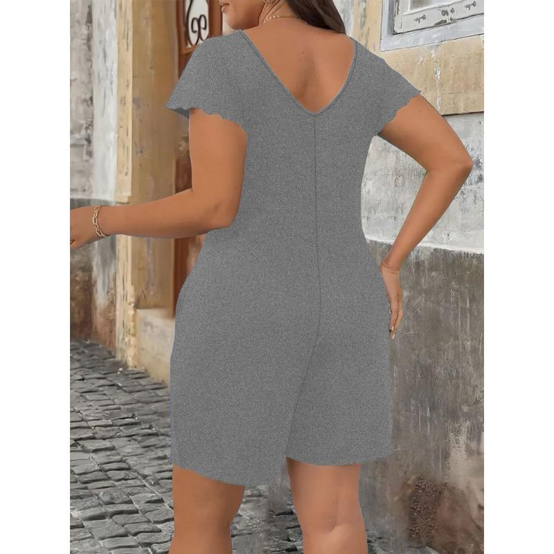 Elegant V-Neck Flounce Sleeve Jumpsuit with Pockets Plus Size Solid Color Summer Jumpsuits & Rompers Casual Chic Outfit