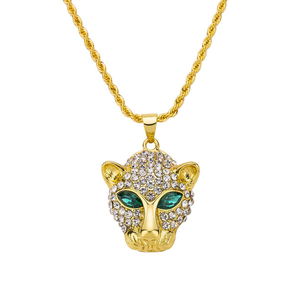 18K Gold Plated Stainless Steel Leopard Head Pendant Necklace with Full Diamonds - Unisex Trendy Fashion Accessory