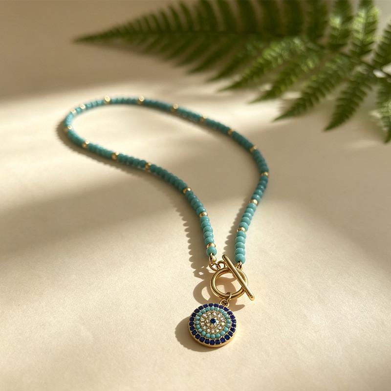 Bohemian Turquoise Beaded Necklace With Eye Pendant For Daily Fashion Accessory