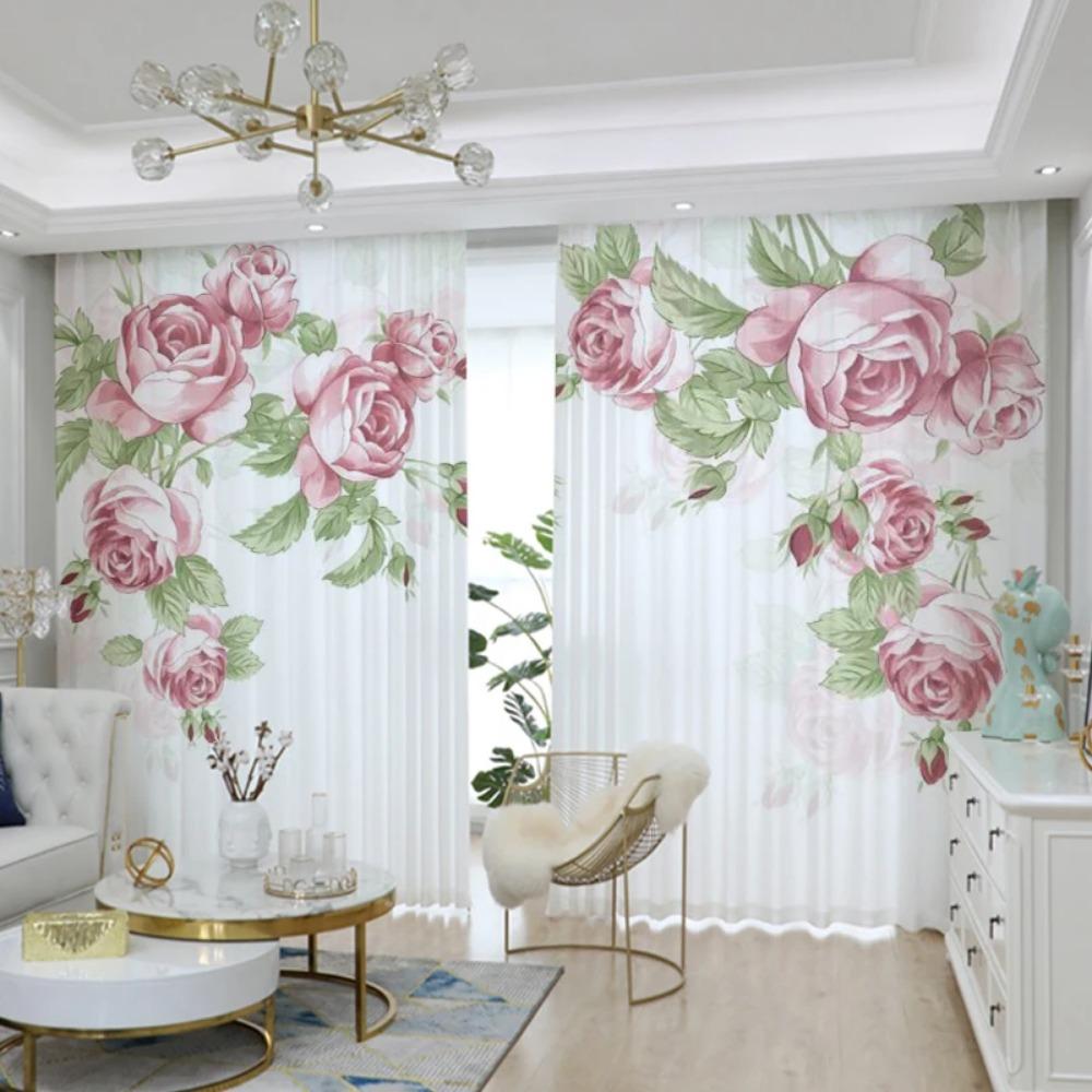 Pink Flower Curtain Green Plant Pastoral Decor Sheer Screen Curtain Living Room Bedroom Floor-to-ceiling Window Voile cortinas