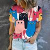2025 New Summer Colorful Cat Cartoon Pattern Fallow Style Woman Clothing Oversized T-shirt Short Sleeve Comfortable Tops S-5XL