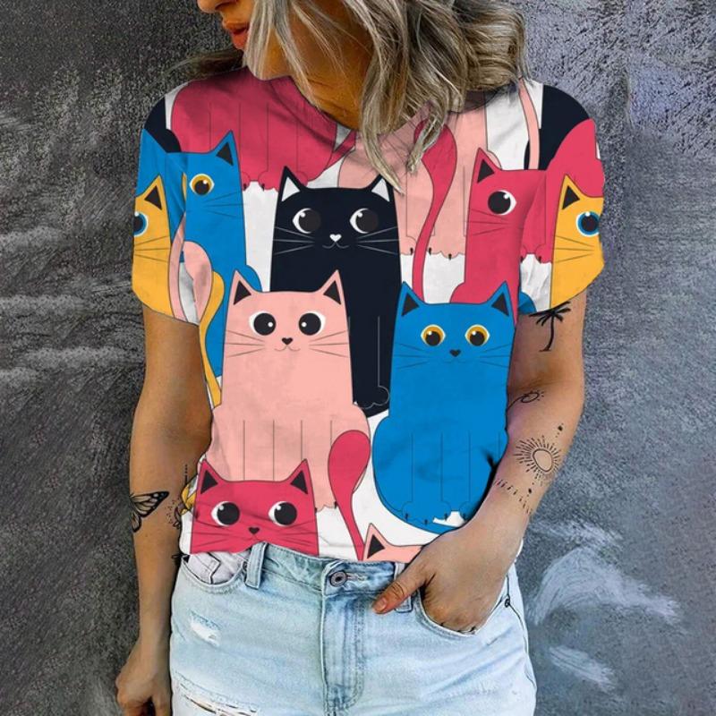 2025 New Summer Colorful Cat Cartoon Pattern Fallow Style Woman Clothing Oversized T-shirt Short Sleeve Comfortable Tops S-5XL