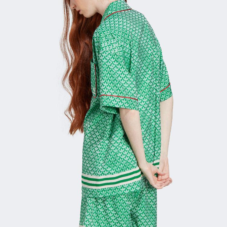 Adidas Originals 70S Logo Allover-Print Locker Lässiges Kurzarmhemd Damenhemden Grün IK7880