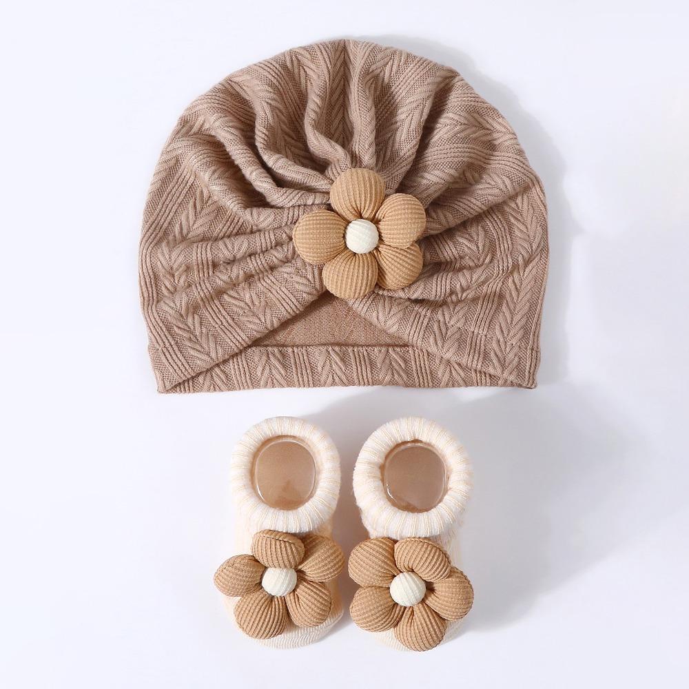 Soft Cotton Infant Turban Hat Socks Set Flower Hat Sock Set Baby Headscarf Hat  Newborn Supplies коричневый