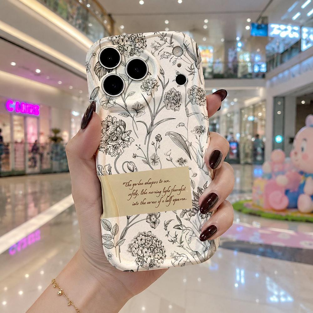 Black Line Sketch Floral Quote Phone Case For iPhone 17 16 15 14 13 12 11 Pro Max Plus Wavy Edge Cover