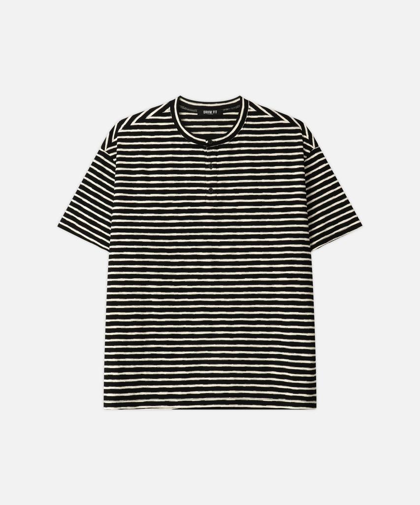 DRAW FIT Rough Stripe Henley Neck T-Shirt [Black]