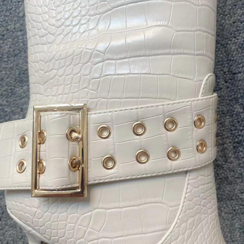 Fashion New Beige Belt Buckle Rivet Decoration Knee High Boots European American Fashion Women's Zipper High Heel Long Boots Size 36-41