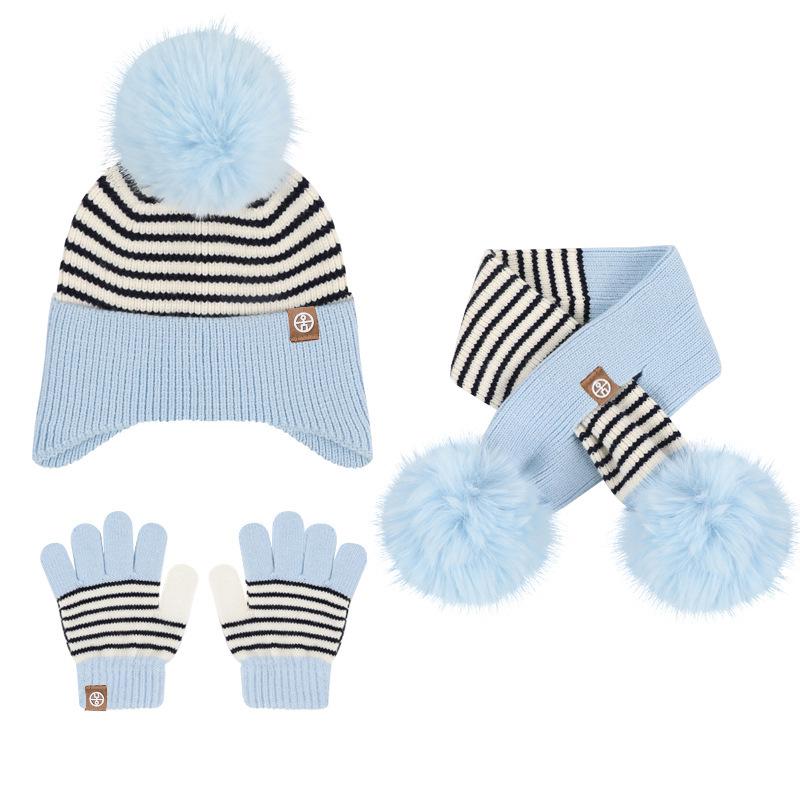 Kinder Pompon Ohrenklappenmütze, Schal & Handschuhe Set - Gestreckt gestrickt für Herbst- & Winterwärme