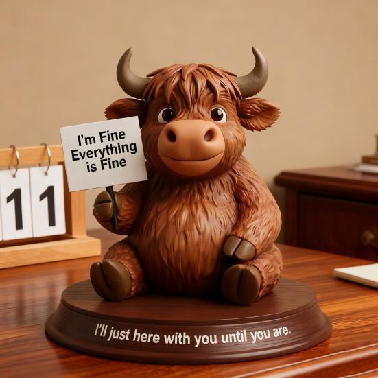 Highland Cow Figurine Emotional Support Highland Cow Statue Resin Cow Ornament with Funny Quotes Straight-Talking Companion for Desk Bookshelf Decor