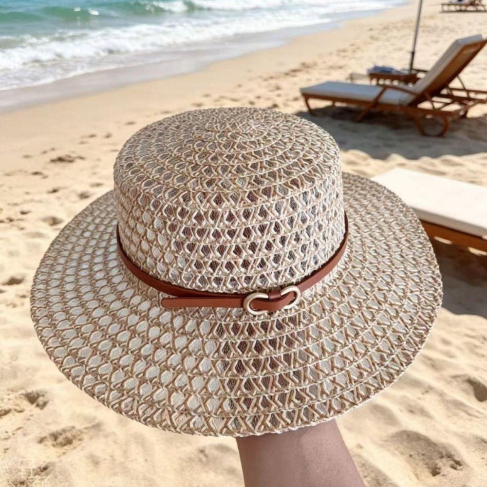 Woven Flat Top Hat Hollow Out Flat Brim Hat French Retro Style Straw Hat Daily Matching