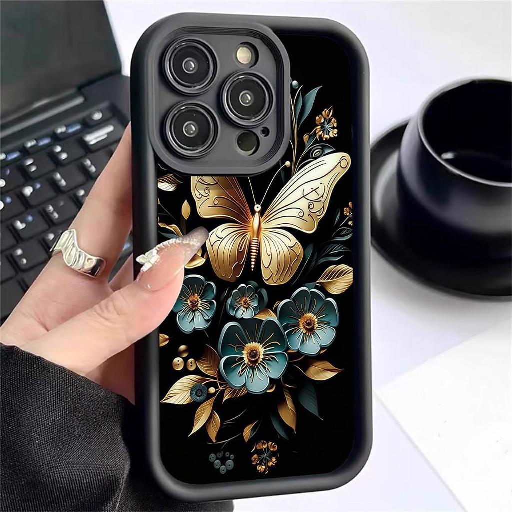 Golden Butterfly Groove iPhone 14/15/16/17 Pro Max Black Case